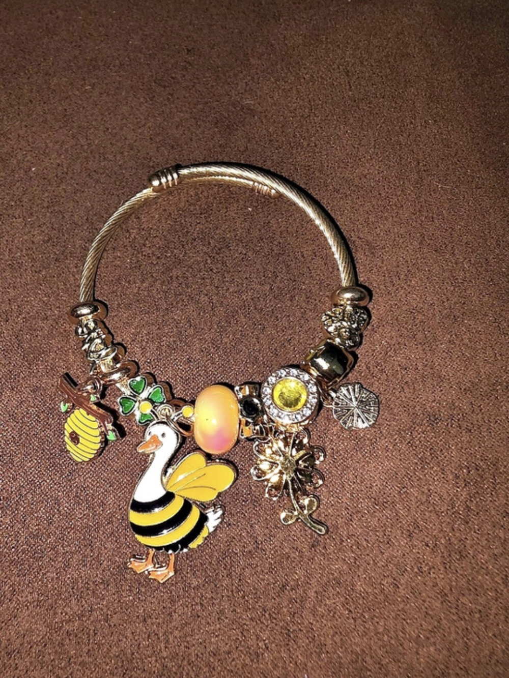 Gold-Tone Bee & Duck Charm Bracelet - Yellow Floral Charms in Gold & Yellow